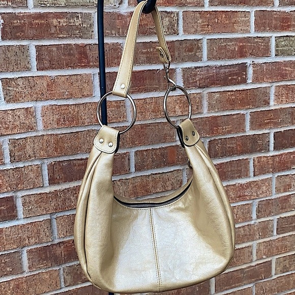 Metallic Gold Handbag with Silver O-Ring Circles on the Handle & the Zipper! - Picture 1 of 8